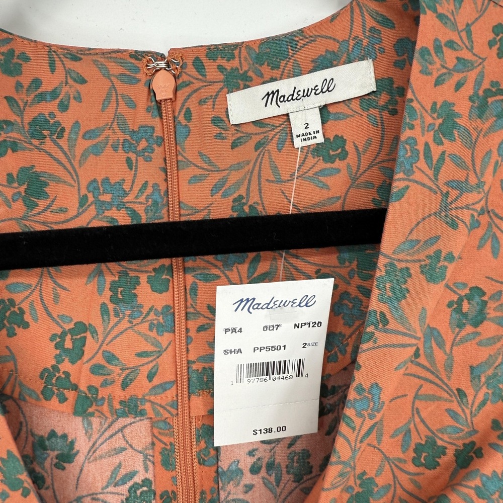 Madewell Dress Womens 2 Orange Green Floral Midi Tie Front Cutout V Neck Cotton - Picture 4 of 10